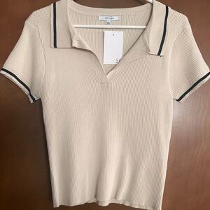 Love Tree Beige Collared Short Sleeve Top